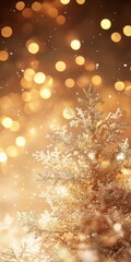 Embrace winters warmth with a golden Christmas tree, adorned with twinkling lights and a magical bokeh backdrop, creating the perfect atmosphere for holiday celebrations with loved ones