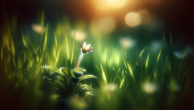 Nature A tiny flower standing tall in the midst of lush green grass, illuminated by soft natural light, ca1