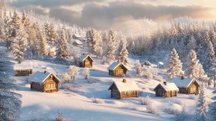 Fototapeta premium Rustic Winter Cabins in a Snowy Landscape A cluster of picture