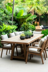 Obraz premium Wooden patio table, chairs, plants, lush greenery.