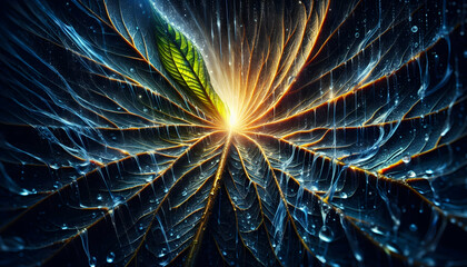 Fototapeta premium Nature A dynamic composition showing rain droplets cascading down the veins of a large leaf