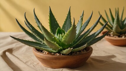 Fototapeta premium Aloe slice on light yellow background display