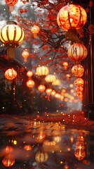 Obraz premium Glowing Chinese lanterns floating and reflecting in the rain on a cozy atmospheric city street at night This festive magical scene captures the beauty and charm of Chinese New Year