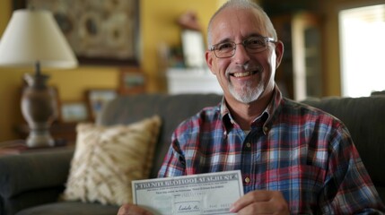 Senior man smiling joyfully as he receives a retirement payment check in a cozy living room, celebrating financial security and peaceful home life.