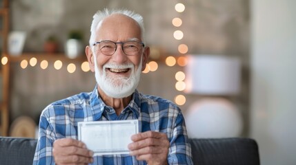 Senior man smiling joyfully as he receives a retirement payment check in a cozy living room, celebrating financial security and peaceful home life.