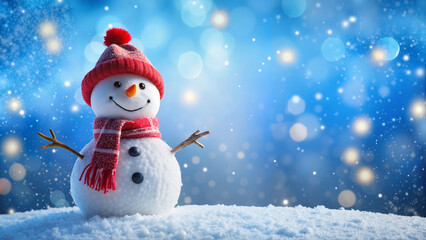 Fototapeta premium Snowman with red scarf on snowy field