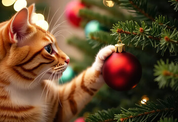 Cat playing with red Christmas ball hanging on Christmas tree
