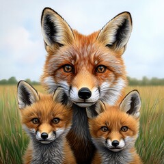 Fototapeta premium A family of three foxes poses together in a grassy field, showcasing their vibrant fur and expressive eyes in a serene natural environment.