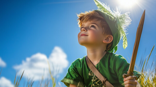 Child in Peter Pan Costume Holding Wooden Sword in Fancy Dress