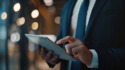 A close-up of a business executive reviewing a digital contract on a tablet, set against a sleek office backdrop with a focus on technology and professionalism