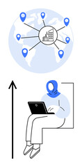 Globe with location pins and graph symbol, person with laptop. Ideal for themes of global connectivity, remote work, digital communication, technology, business strategy, data analysis. Line metaphor