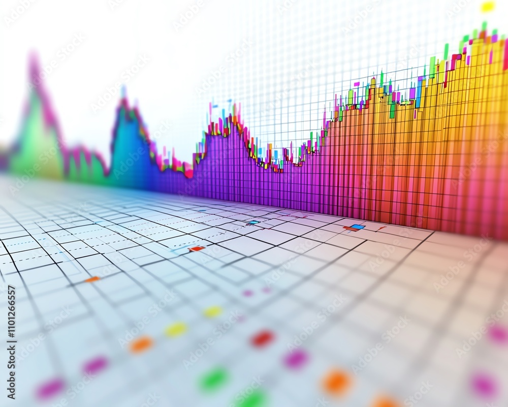 Fototapete A vibrant financial chart with candlestick elements, multiple index lines in bold colors, set against a clean grid white background, 3D rendering