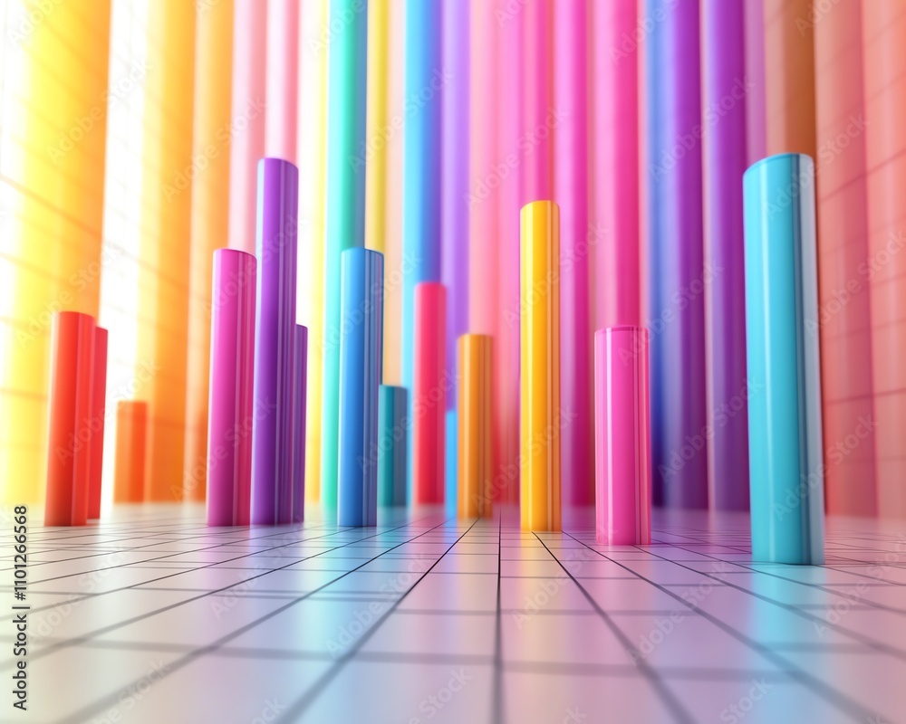 Aufkleber A vibrant financial chart with candlestick elements, multiple index lines in bold colors, set against a clean grid white background, 3D rendering