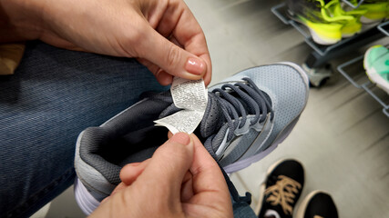 A shopper checks a shoe label for material information in a store, highlighting consumer awareness...