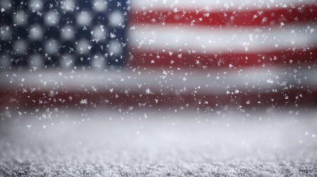 Close up of snow falling on American flag background, creating serene and patriotic atmosphere. blurred flag adds depth to winter scene
