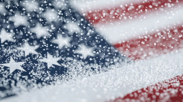 Close up of snow falling on American flag, creating serene winter scene. blurred background enhances beauty of flag colors and stars - Powered by Adobe