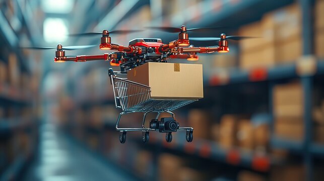 realistic shopping cart and drone carrying the box rendering
