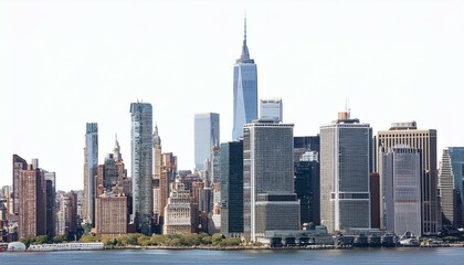Obraz premium The iconic New York City skyline featuring skyscrapers, modern architecture, and a waterfront under a clear sky.