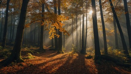 Obraz premium Autumn forest landscape illuminated by sun rays