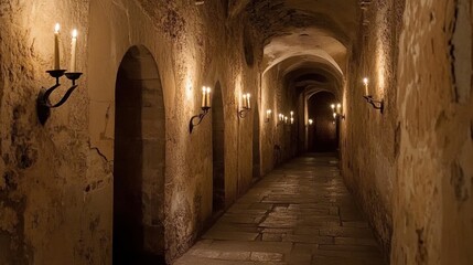Fototapeta premium Cozy and Mysterious Candlelit Castle Corridor