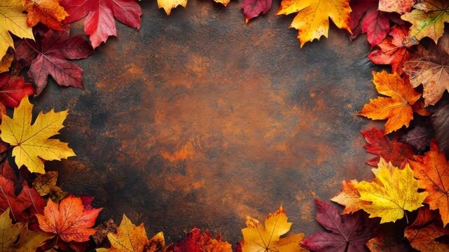 Yellow, red, and orange autumn leaves arranged in a border around the image, with a natural background and vibrant fall colors creating a cozy seasonal atmosphere.