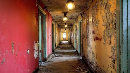 Fototapeta premium Abandoned Hallway: Decaying Walls, Peeling Paint, and Fading Memories