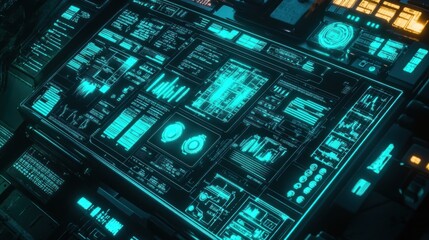 Fototapeta premium Futuristic digital interface with glowing teal data streams and graphs on a dark background.