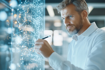 A focused male mathematician analyzes data patterns on a transparent display in a modern office