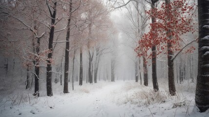 Fototapeta premium Winter forest at snowfall with red wild apple trees