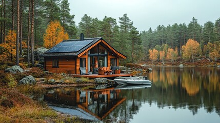 Fototapeta premium remote swedish scene of lone cabin with solar panel luxury leisure boat on lake caravan and rv in fores