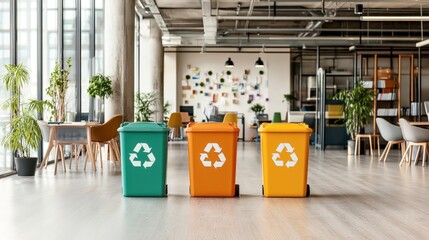 Modern open-plan office with colorful recycling bins and plants under ceiling lights, featuring a wall with various decorations