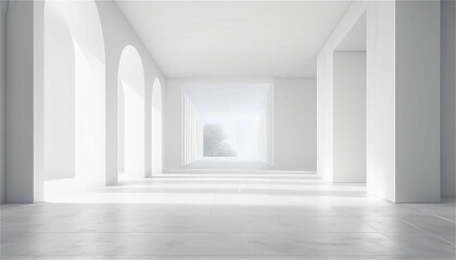 Fototapeta premium Minimalistic interior design of a white architectural entrance with sleek lines and ample