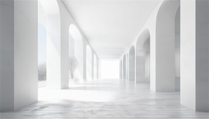 Minimalistic interior design of a white architectural entrance with sleek lines and ample