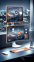 Futuristic Workplace with Dual Monitors Displaying Cityscape Data.