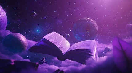 Naklejka premium 3D cartoon planet with an open book floating in space, purple background,no astronaut, purple color theme, cute style, 