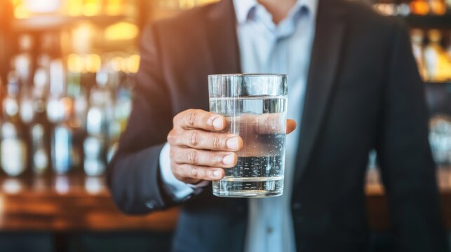 Man in suit holding glass of water, symbolizing sobriety and alcohol safety, amidst bar counter with empty alcohol bottles.