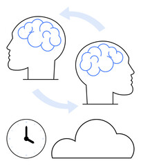 Two human head silhouettes with brain illustrations, clock, and cloud symbolizing idea exchange and time management. Ideal for teamwork, collaboration, brainstorming, time management, creativity