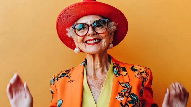 Stylish grandmother wearing bold, colorful outfits, standing with a bright orange background behind her, showcasing her enthusiasm and zest for life.