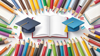 Graduation caps and books with colorful background