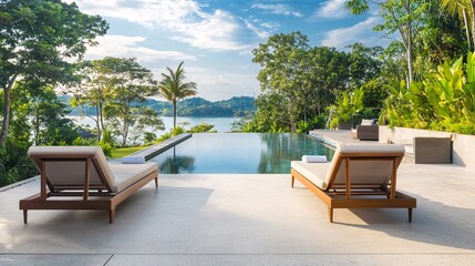 Obraz premium A serene luxury poolside view surrounded by lush greenery, featuring stylish loungers and a tranquil water feature under a clear blue sky.