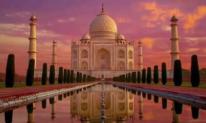 Fototapeta premium Taj Mahal sunset reflection, stunning symmetry.