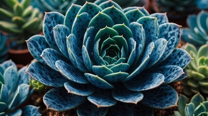 Bold blue nature wallpaper with succulent plant details