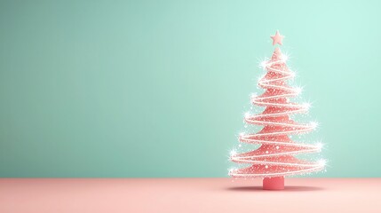 Modern pink Christmas tree with glowing lights. concept idea pastel minimal