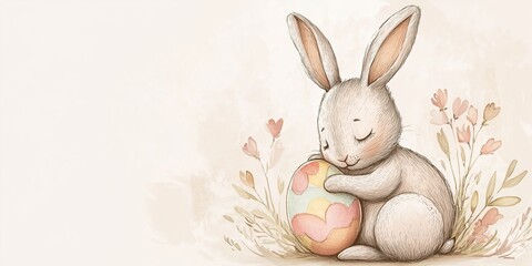 Obraz premium Whimsical easter bunny holding colorful egg in floral background