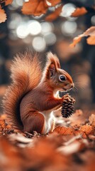 Obraz premium a cute squirrel was picking pine cones in the woods in autumn 