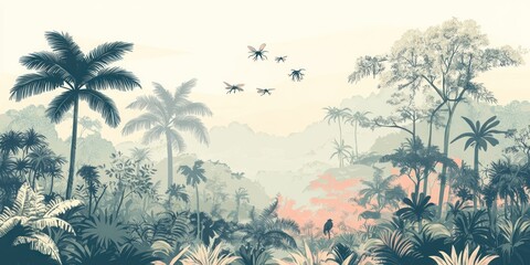 Obraz premium A serene jungle landscape with palm trees and distant flying creatures.