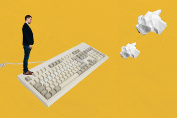 Composite photo collage of serious businessman novelist stand keypad typewriter crumpled paper...