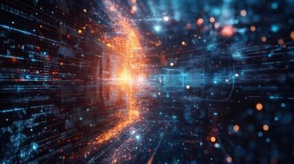 Fototapeta premium Abstract digital data stream, glowing particles, binary code, futuristic tunnel.