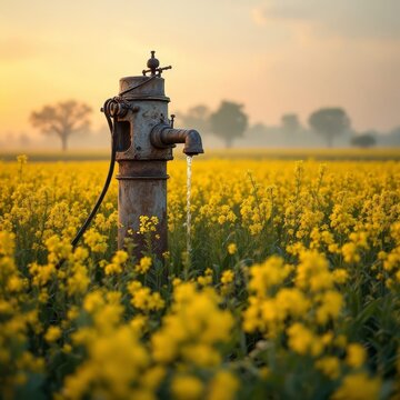 Vintage bagula sunrise over a mustard field, shallow water.