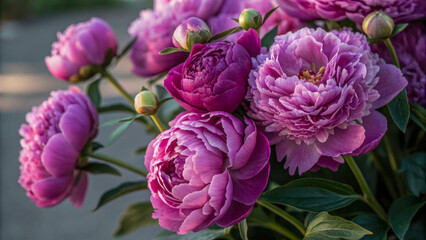 Obraz premium Bouquet of purple peonies, delicate large petals, romance, close-up.
